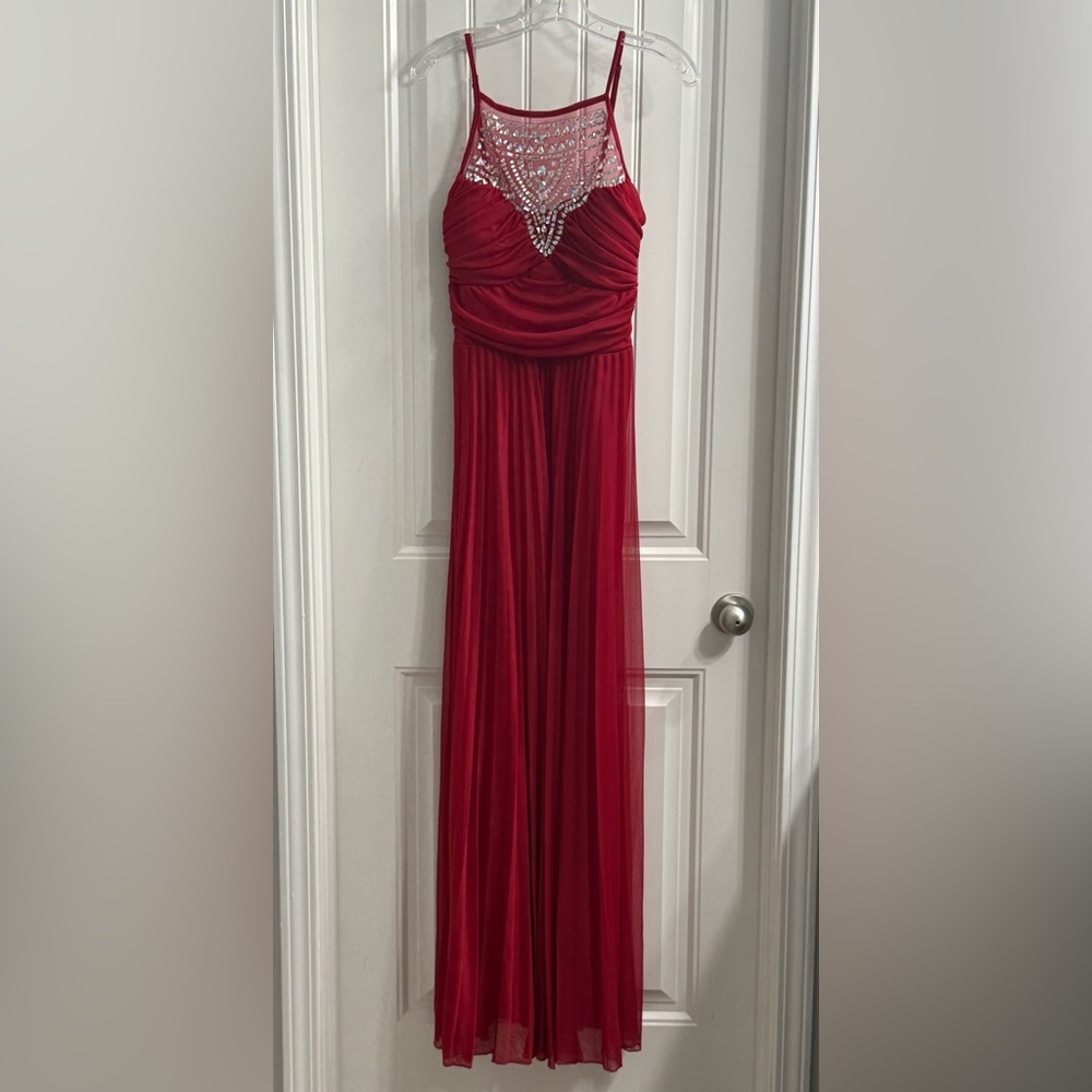 Elegant Red High Neck Gown with Beautiful Gem Detailing